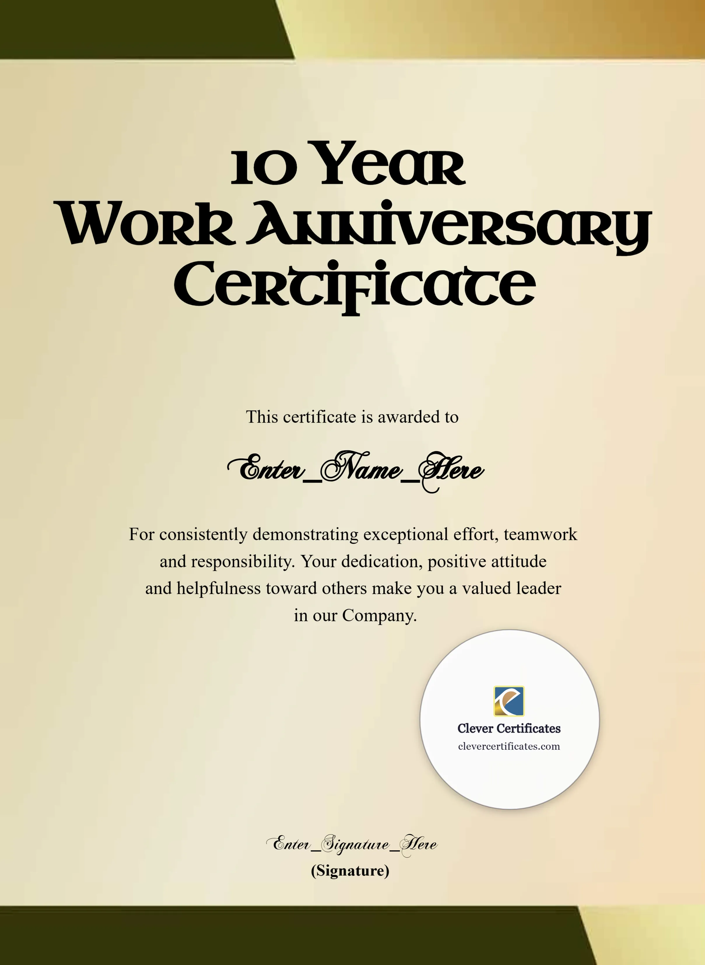 10 Years of Service Award Certificate — Gold Gradient Portrait
