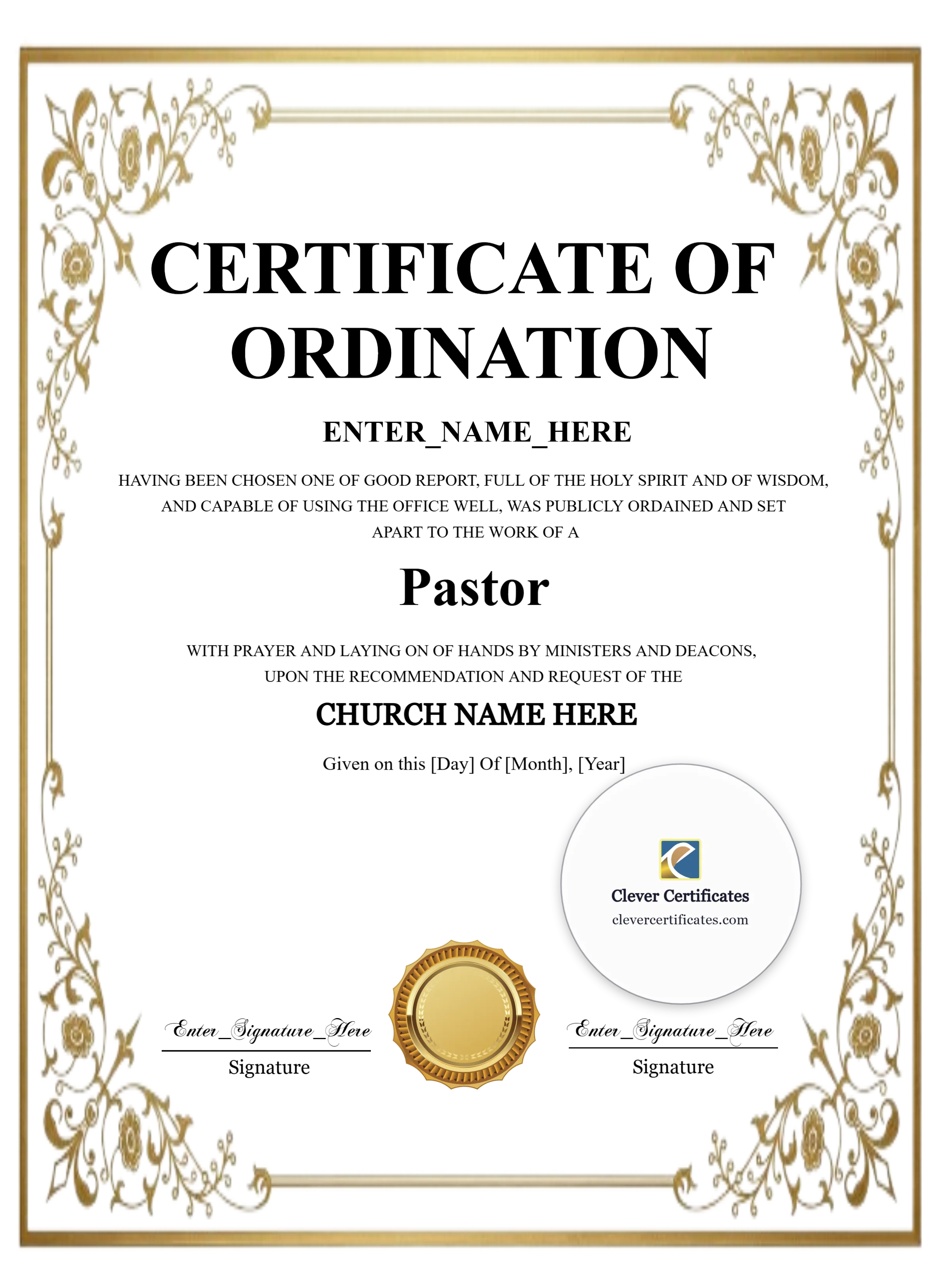Baptist Pastor Ordination Certificate — Gold Filigree Portrait