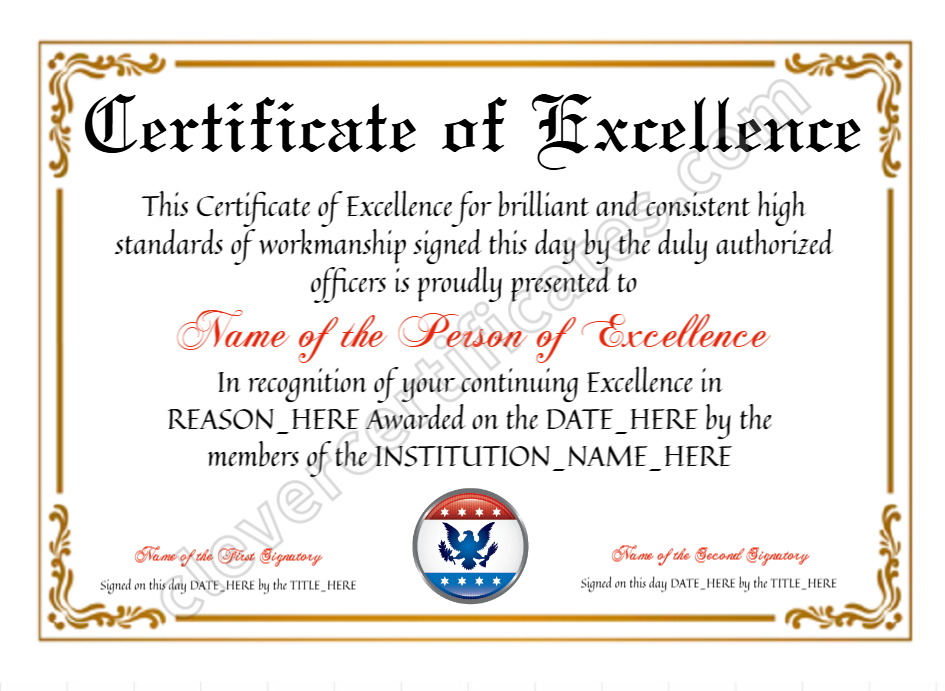 Customizable Certificate Of Excellence