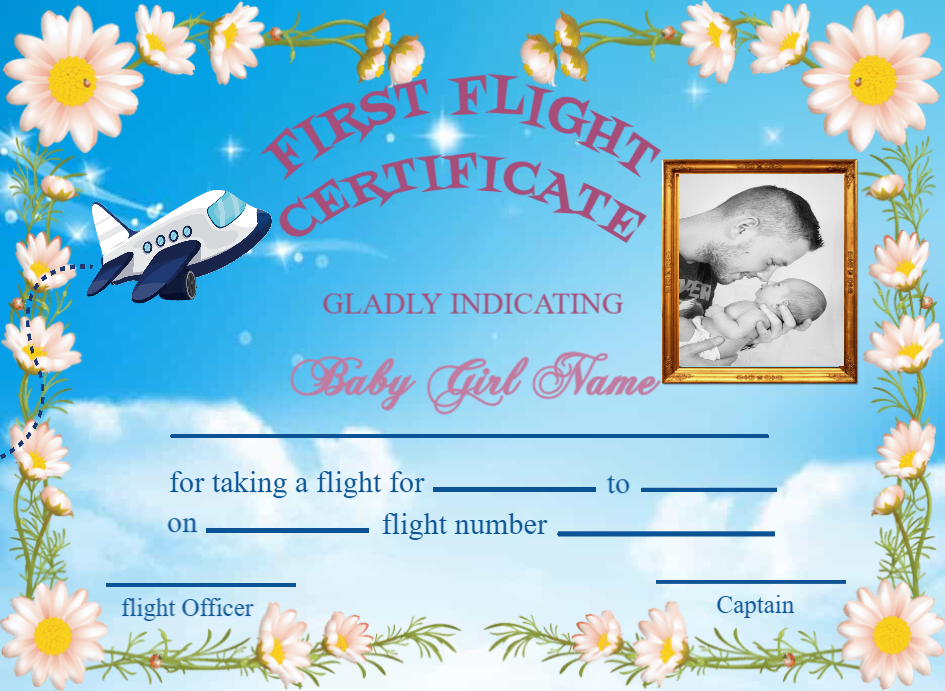 Editable First Flight Baby Girl Certificate