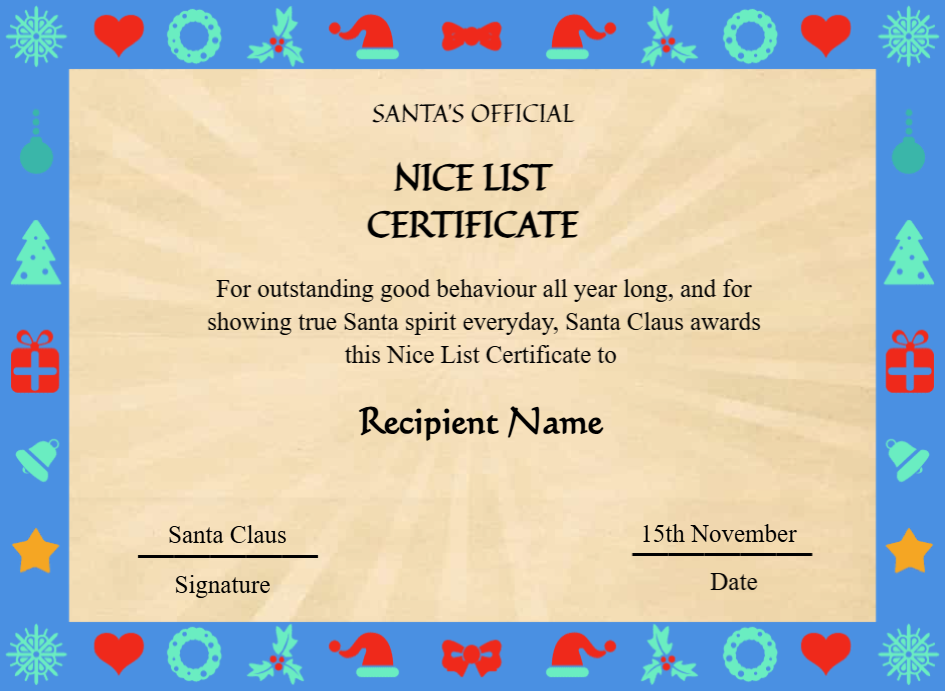 Editable Vintage Santa Claus Nice List Certificate Template