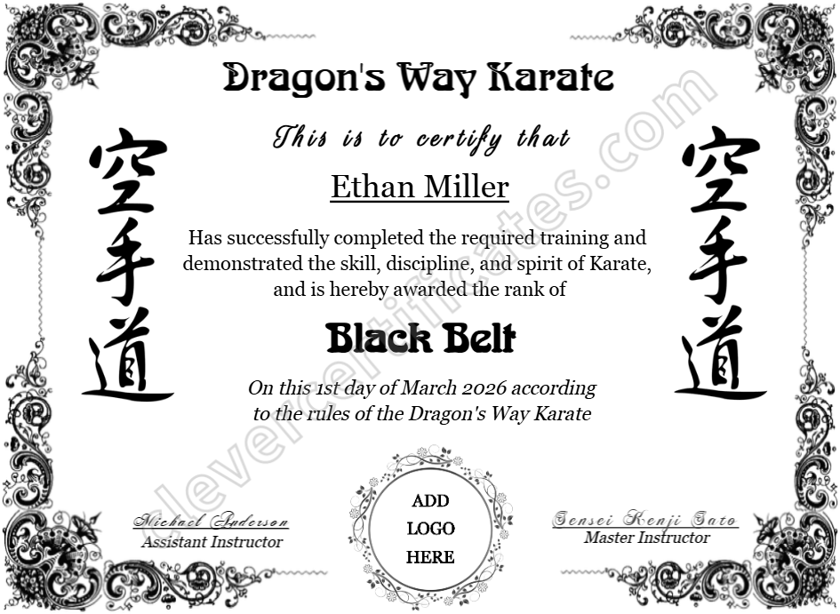 Karate Black Belt Certificate With Logo