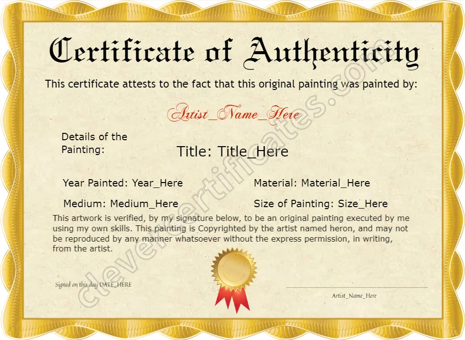 Original Painting Certificate