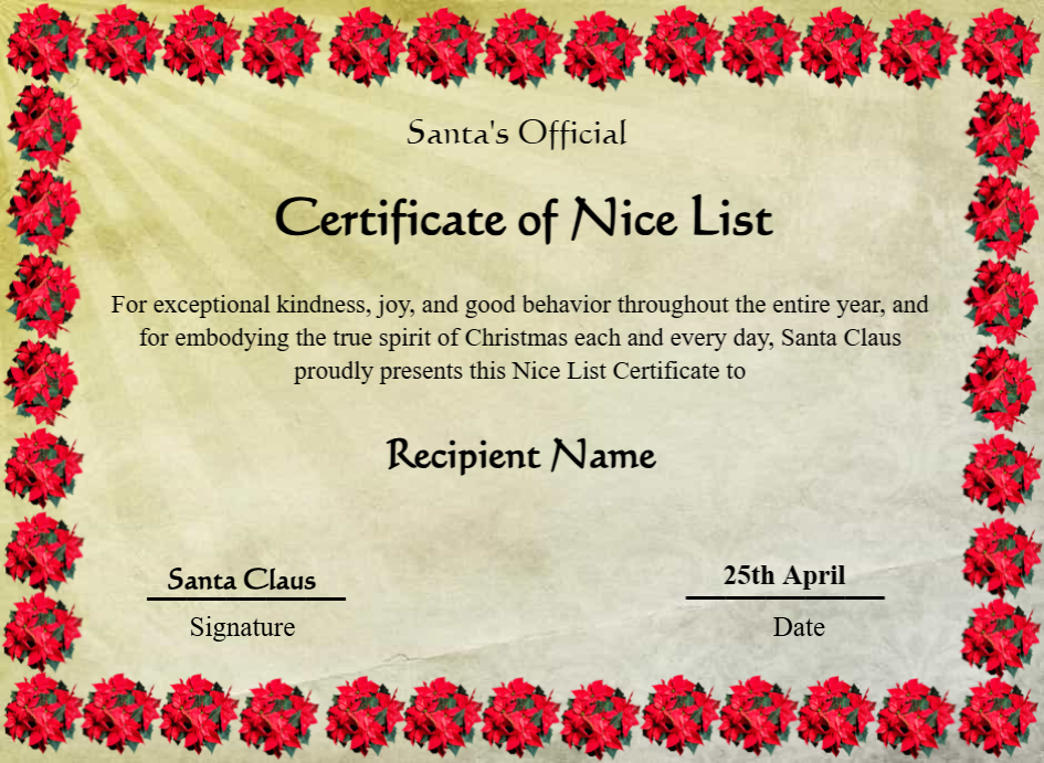Nice List Ribbon Printable Vintage Santa Claus Nice List Certificate Template ...