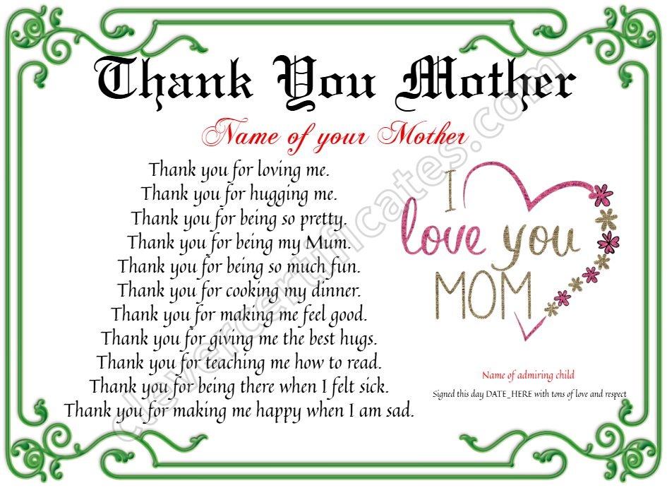 Thank You Mother Certificate