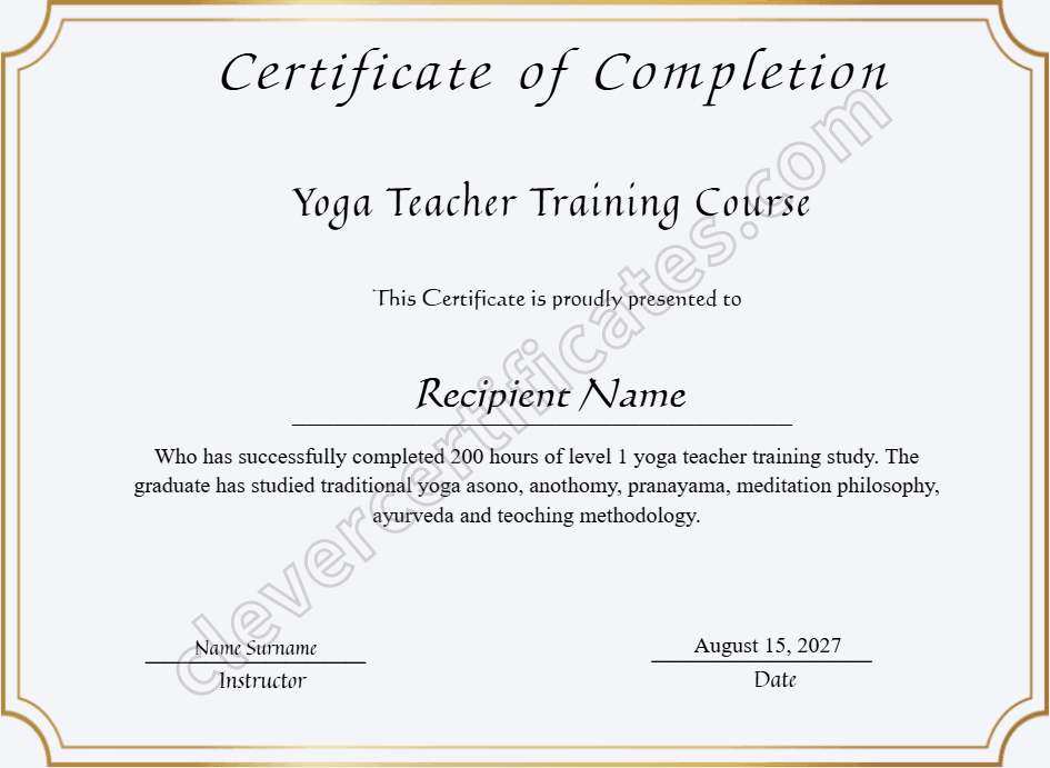 Yoga Teacher Training Course Completion Certificate