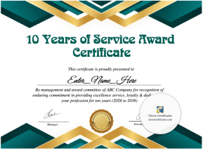 Free 10 Years Of Service Award Certificate