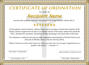 Certificate of Ordination for Reverend