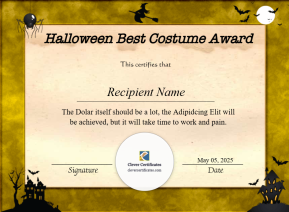 Editable Halloween Best Costume Award Certificate