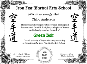 Karate Green Belt Certificate with Logo – Editable Martial Arts Award