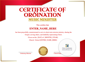 Music Minister Ordination Certificate
